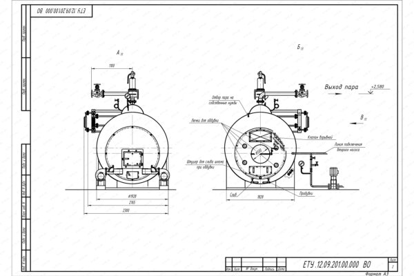 Чертеж твердотопливного парогенератора 1200 кг в час 170 С